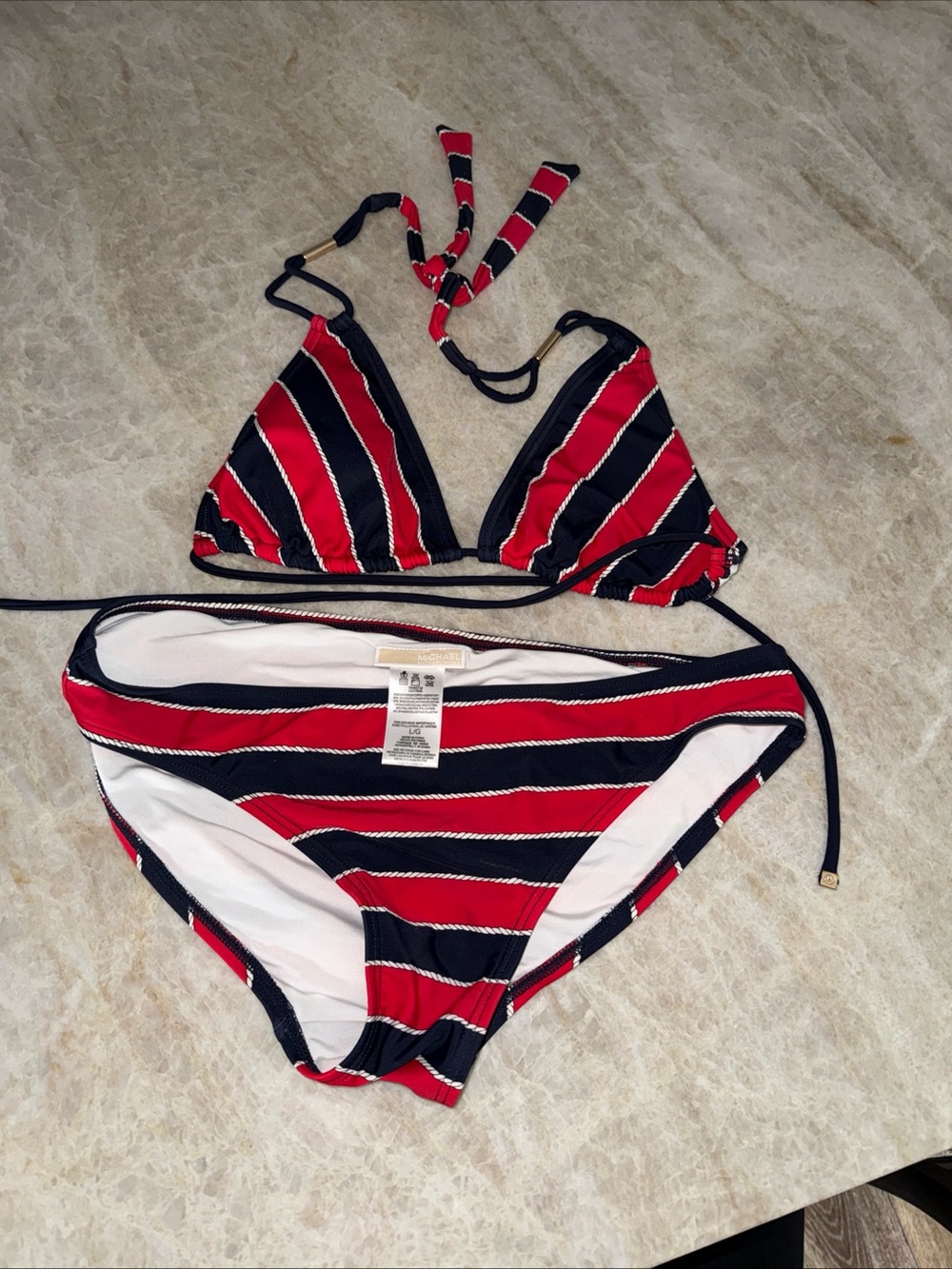 Michael Kors Red and Navy Striped Triangle Bikini